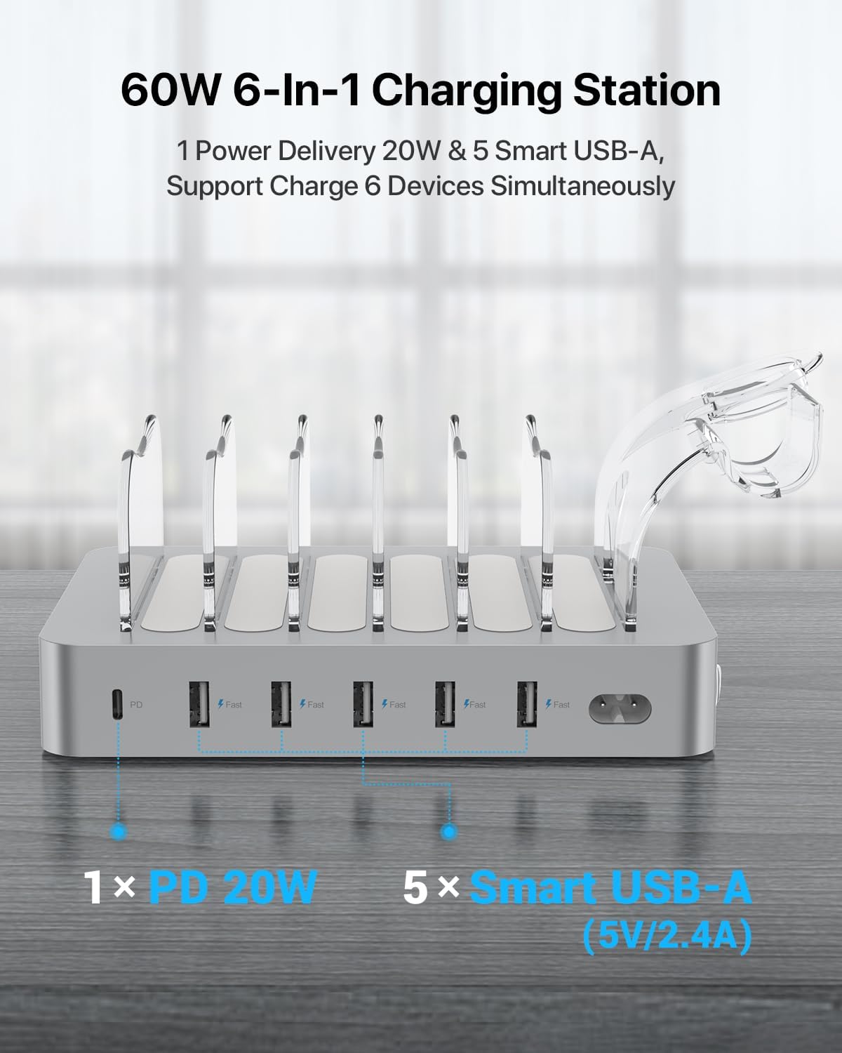 SooPii 60W 6-Port PD Charging Station for Multiple Devices, 20W PD USB C Fast Charging for lPhone 14/13/12,6 Short Cables Included, 2 in 1 Holder,for Phones,Tablets and Others