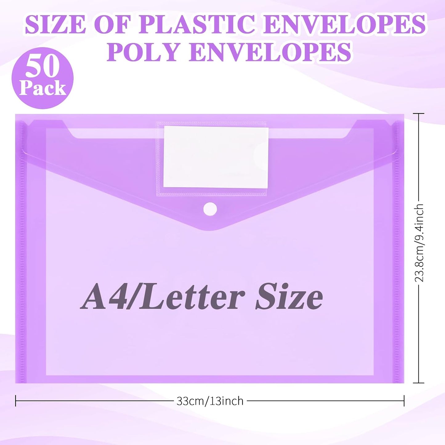 Yeaqee 50 Pcs Plastic Envelopes Poly Envelopes File Folders with Snap Button Closure Clear Folders for Documents US Letter A4 Size Filing Holder with Label Pocket for Home Office School(Purple)