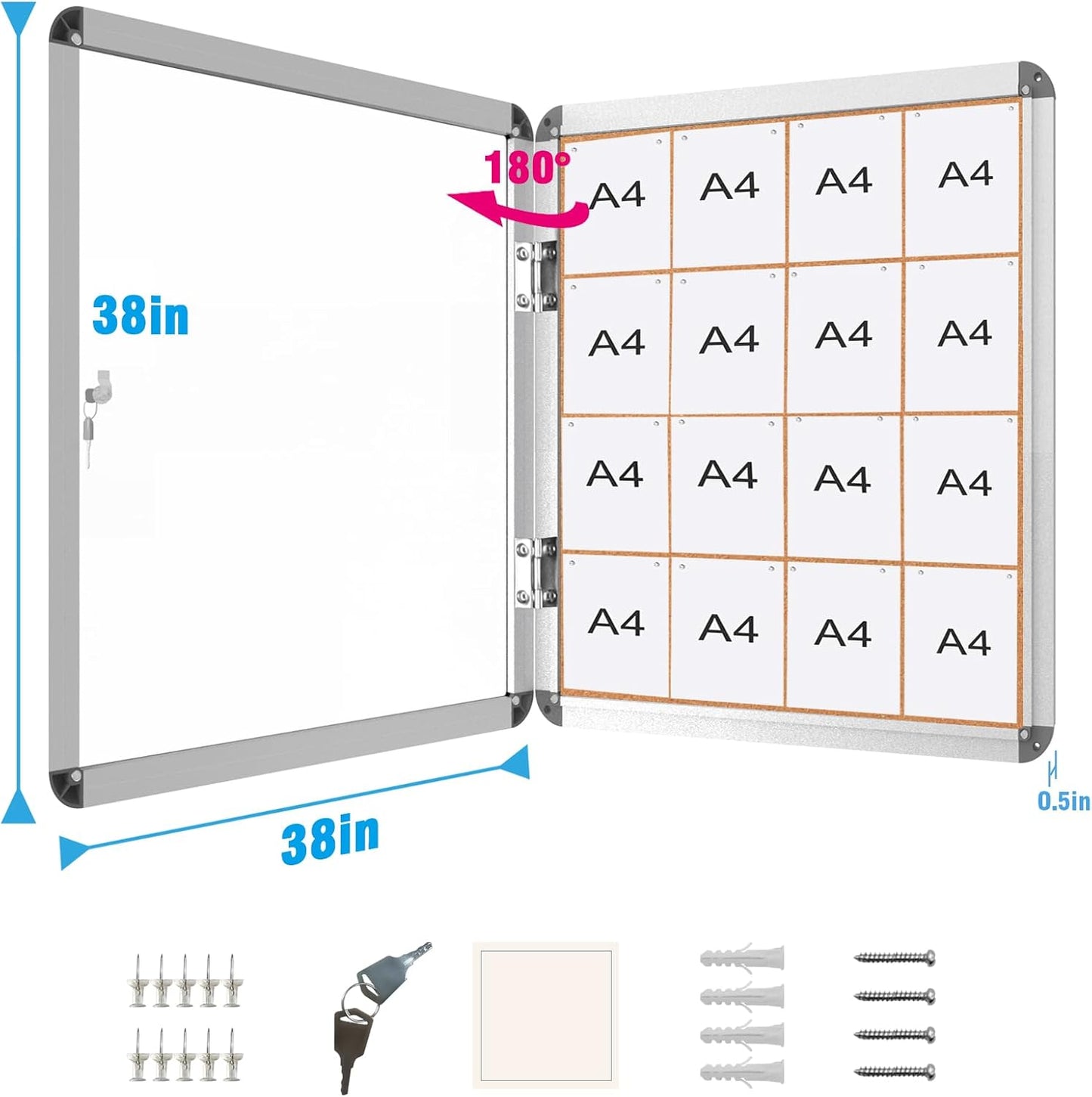 2 Pack 38"x38" Enclosed Bulletin Board, Lockable Weather-Resistant Aluminum Cork Noticeboard for School & Office, Silver Frame w/Cork