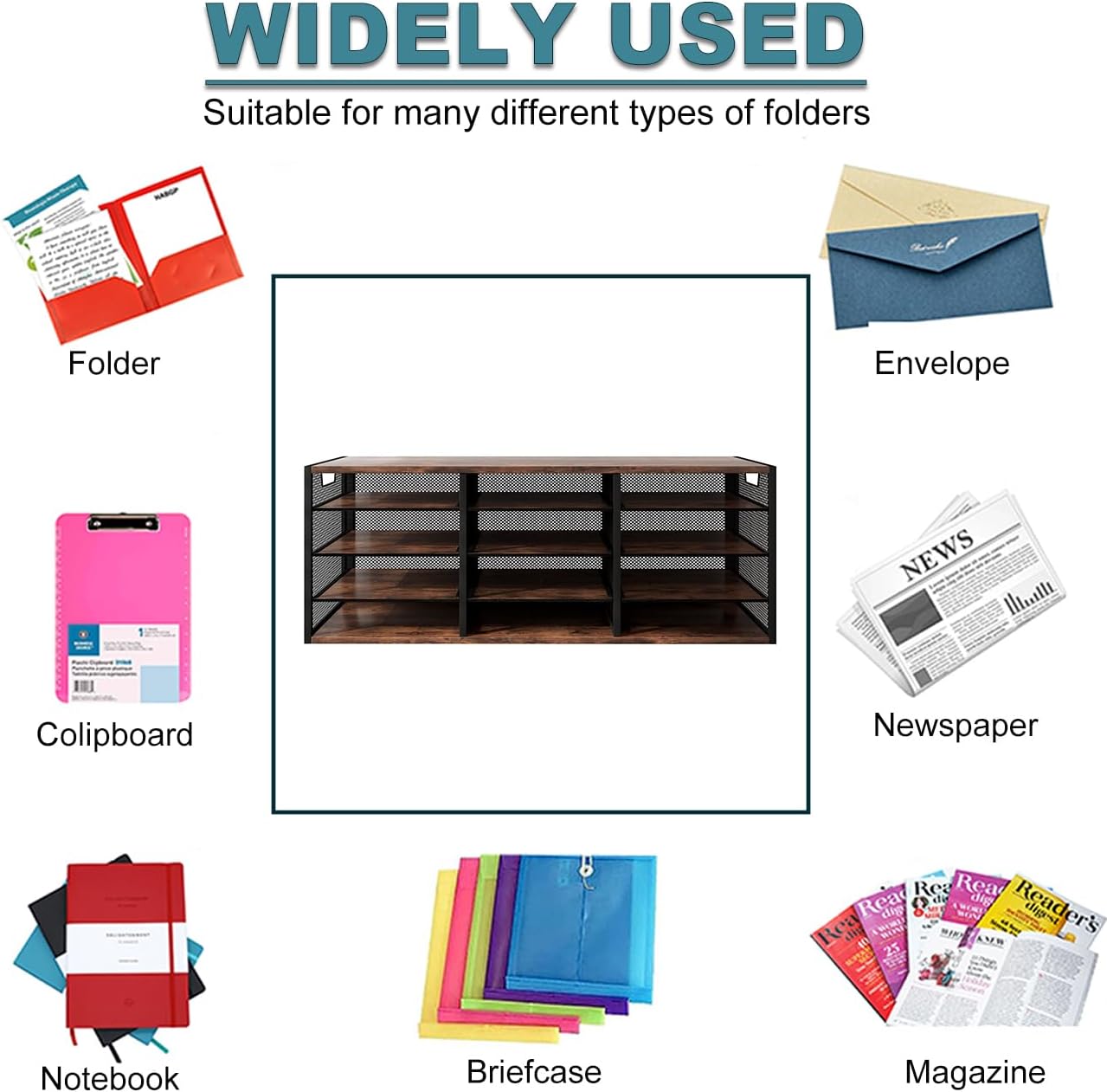 Mail Sorter Adjustable Holder, Countertop Literature Organizer, Student Mailbox for Classroom, Desktop Bill Paper Organizer for Office Home School, 12 Compartments, Brown