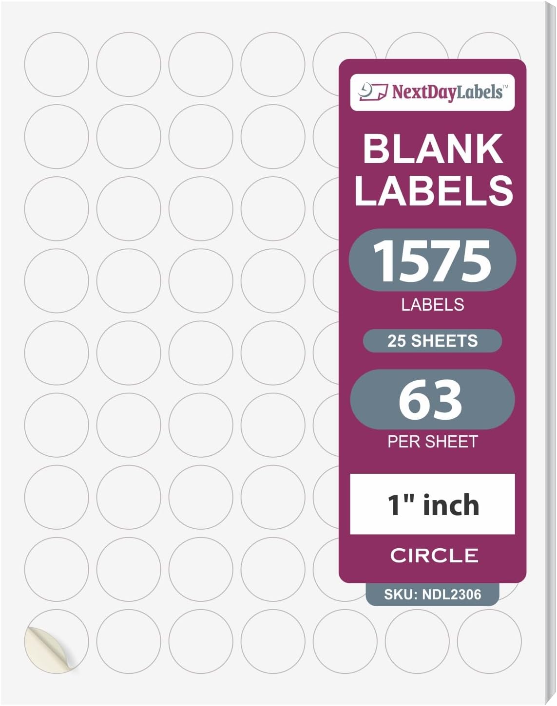 NextDayLabels - Laser/Ink Jet White Labels (1" Round - 63 Per Page | 1575 Labels)