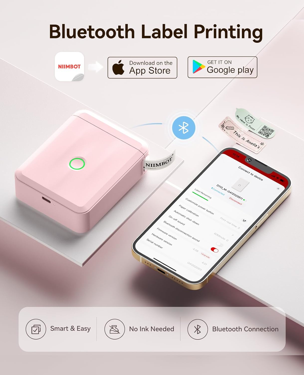 NIIMBOT Label Maker Machine Bluetooth Label Printer for School Home Office Organization, Wireless Mini Labeler D110 Upgraded Version, Label Machine with Label, Pink