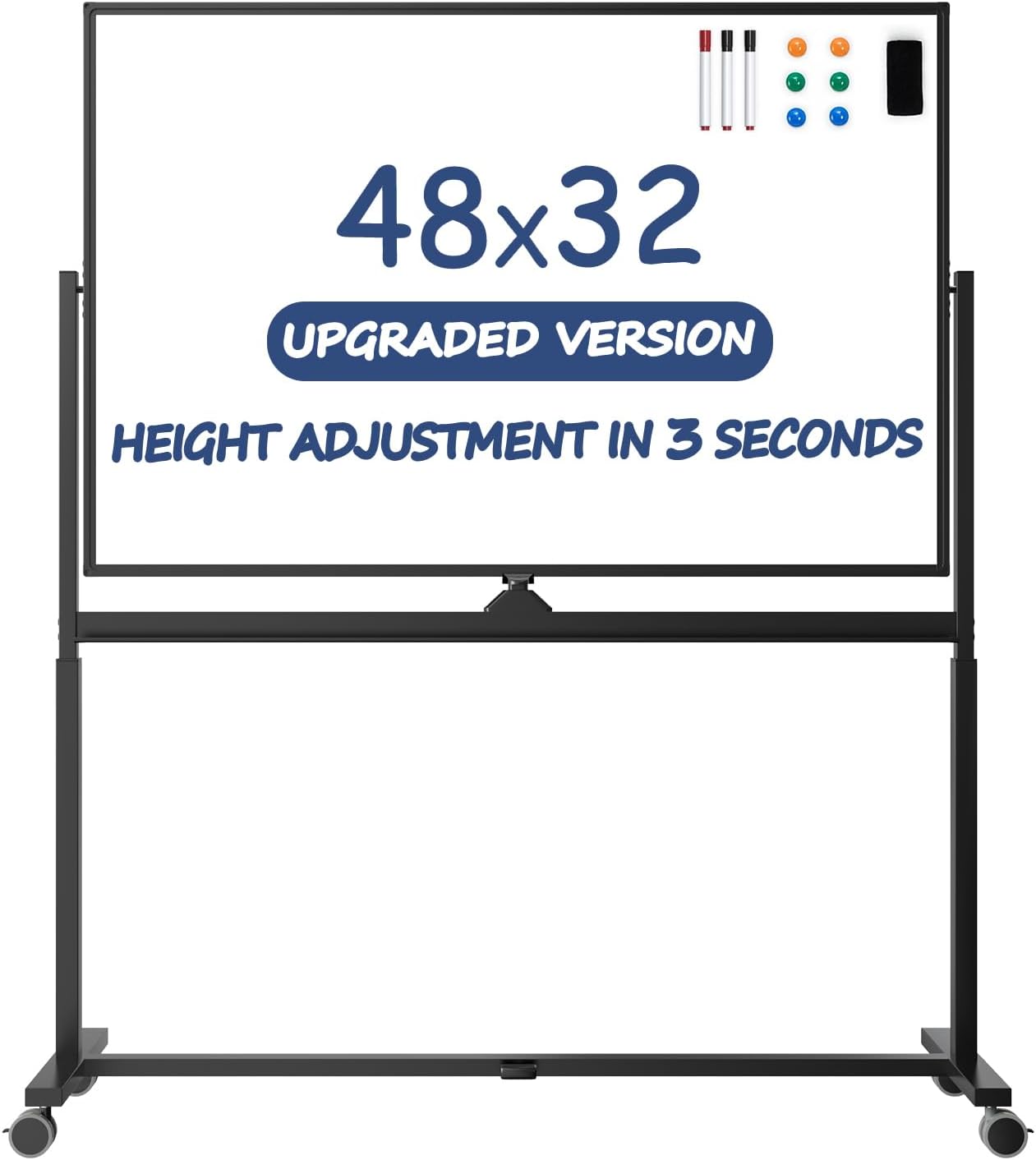 Rolling Whiteboard, 48 x 32 Inches Magnetic White Board with Stand, Double-Sided Large Standing Dry Erase Board on Wheels, Height-Adjustable Mobile Dry Erase Board for Office, Home, Classroom