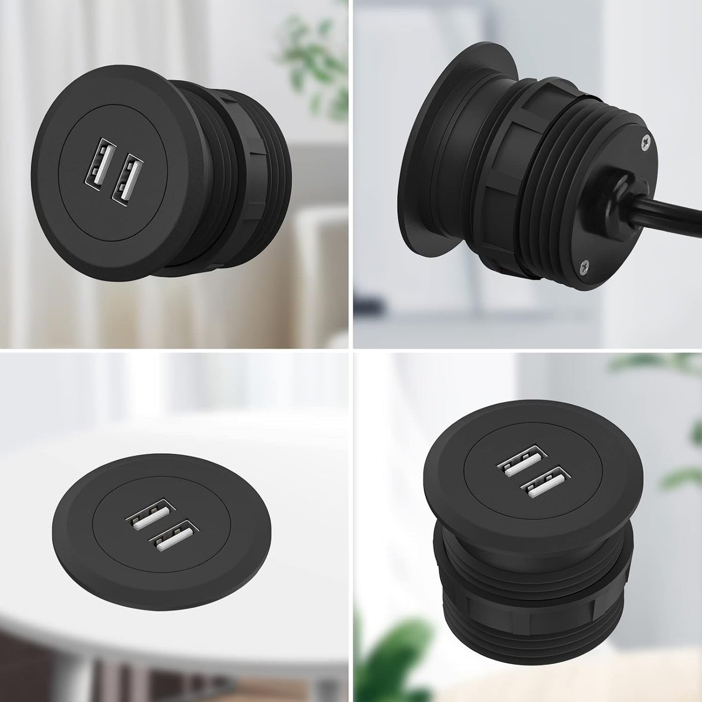 Mini Desk Power Grommet Outlet Build in 2 USB Ports Desktop Grommet with 6.56 FT Power Cord, USB Hub for Sofa, Couch, Table, Bedside, Workbench, Office, Home