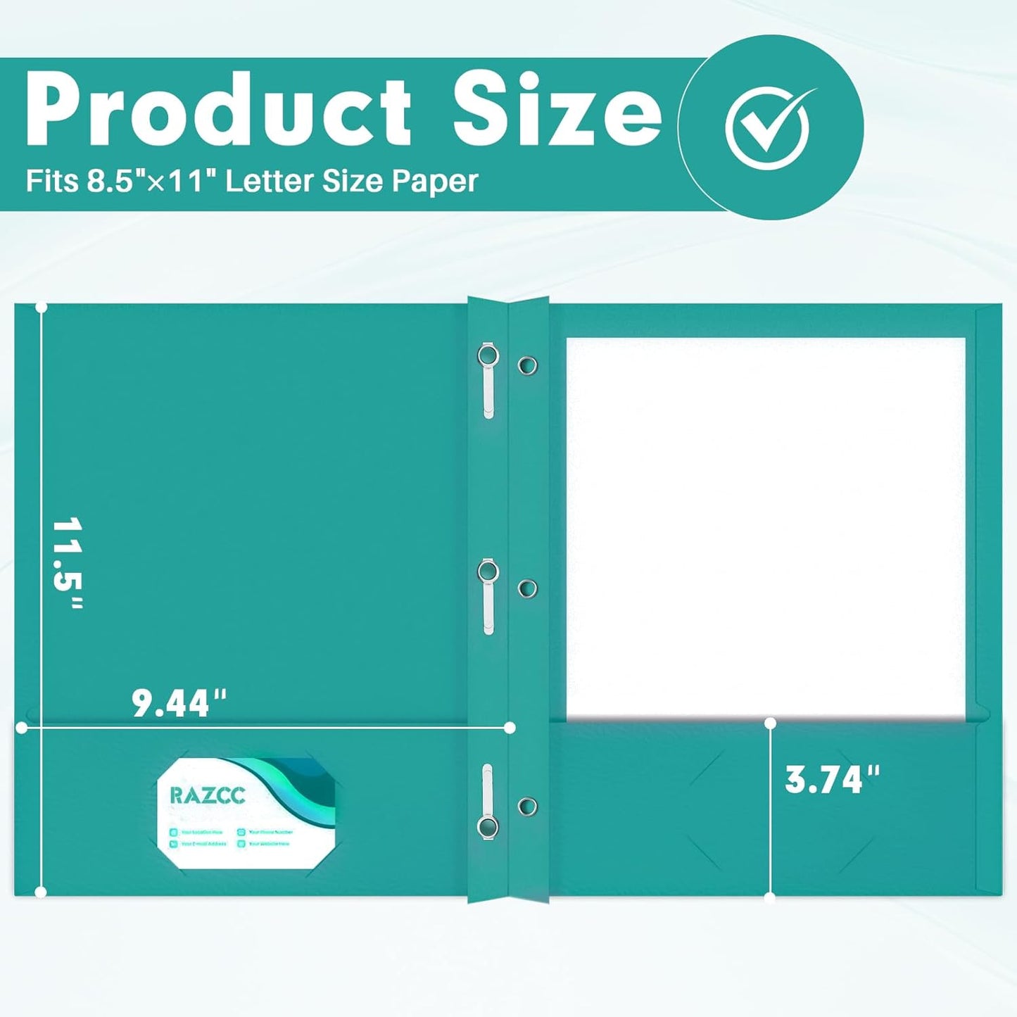 Two Pocket Folders, RAZCC 75 Pack Two Pocket Folders with Prongs, 3 Prong Folders Fit Letter Size Paper, Pocket File Folders for School Office Home Business, Turquoise