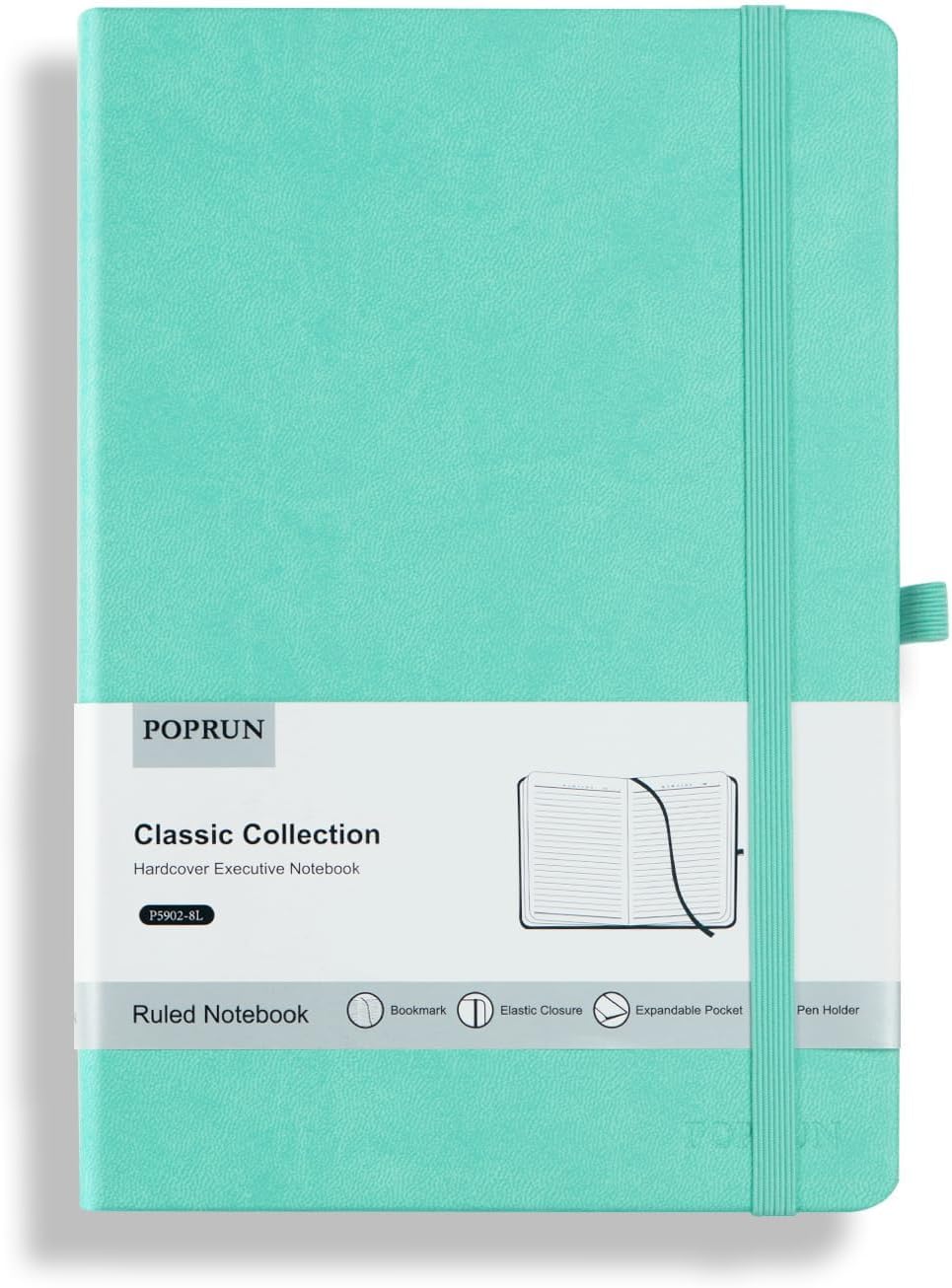POPRUN A5 Lined Journal Notebooks, Leather Hardcover Thick Notebook for Writing, Business Work, Travel, School, College, Christmas, 5.5 x 8.3 inch, 240 Pages Classic Ruled Journals Notepad, Green