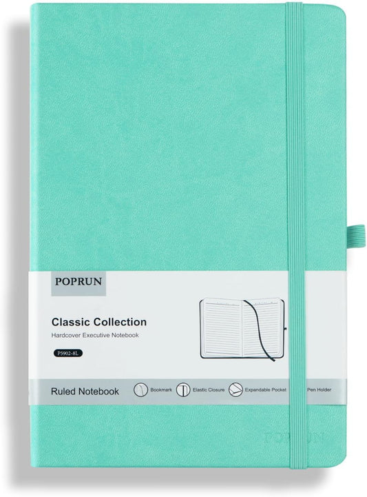 POPRUN A5 Lined Journal Notebooks, Leather Hardcover Thick Notebook for Writing, Business Work, Travel, School, College, Christmas, 5.5 x 8.3 inch, 240 Pages Classic Ruled Journals Notepad, Green