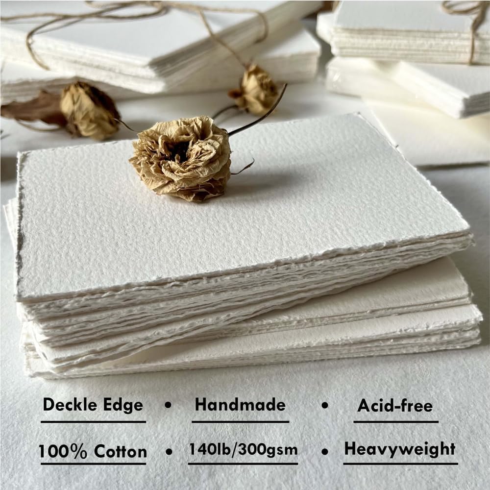 Deckle Edge Watercolor Paper, 100% Cotton, 140 LB, 300 GSM, 4x6”, 30 Sheets Mixed Media Paper for Dry & Wet Technique, Acid Free, tumuarta Blank Cards is Perfect for Greeting Cards & Thank You Notes