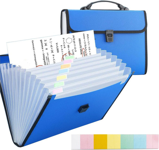 Extra Large Legal Size/Foolscap 12 Pockets Accordion File Organizer with Handle, TRANBO Portable Expanding File Folder, Expandable Plastic Document Organizer for Travel School Office - Blue