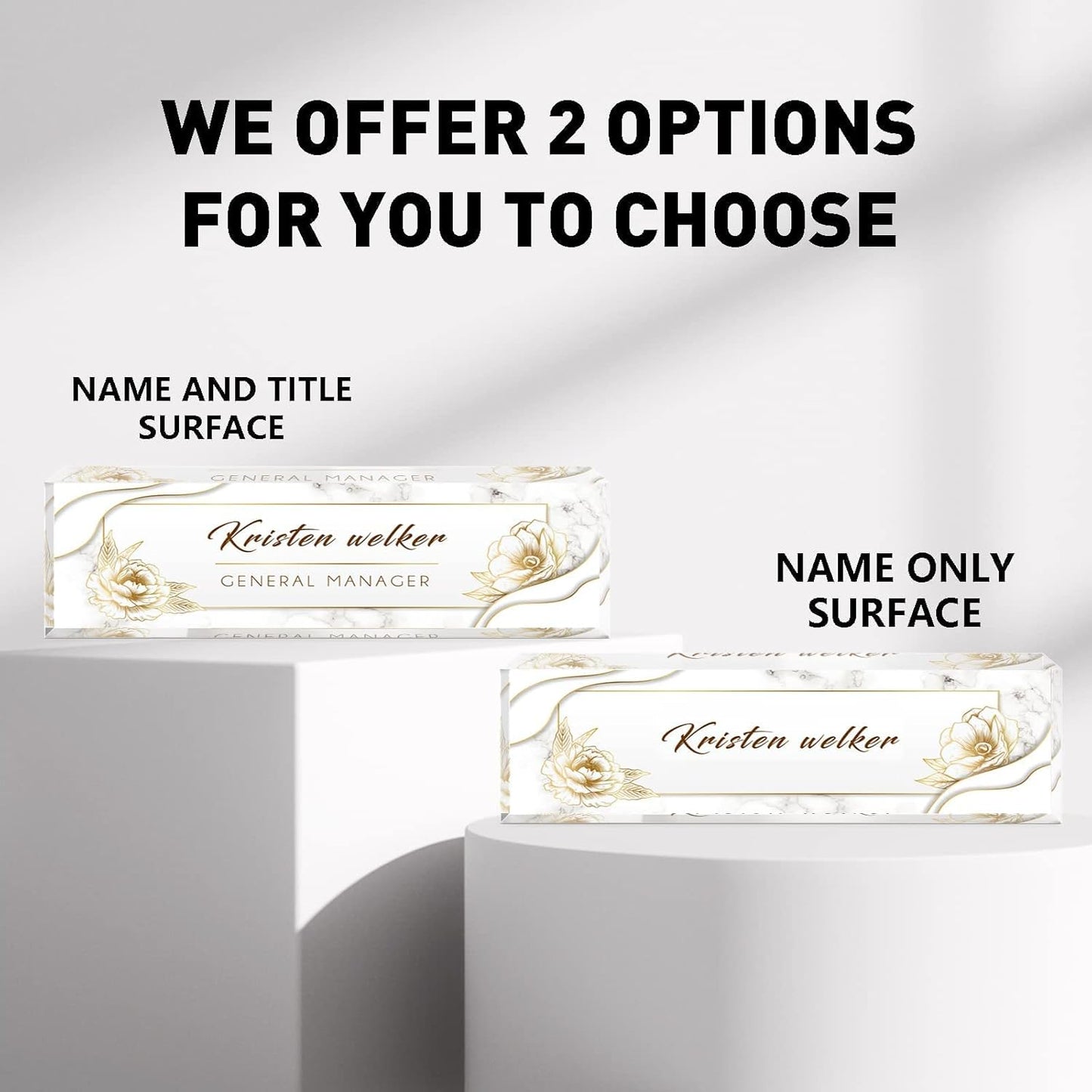 Desk Name Plate Personalized, Premium White Marble Flowers Acrylic Desk Name Plate, Personalized Name Plate for Desk, Office Decor for Women or Men Coworkers, Boss, Employee, Teacher