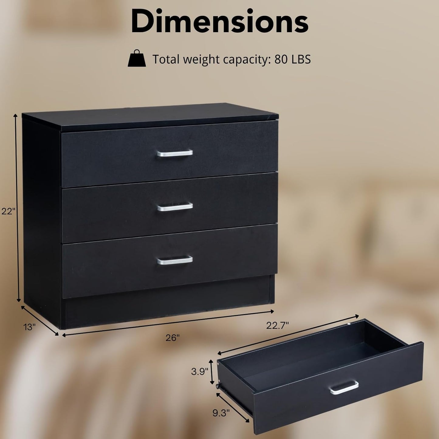 Karl home 3 Drawer Dresser, Modern Storage Chest of Drawers, Wood Bedside Table Night Table for Bedroom,Living Room (Black)