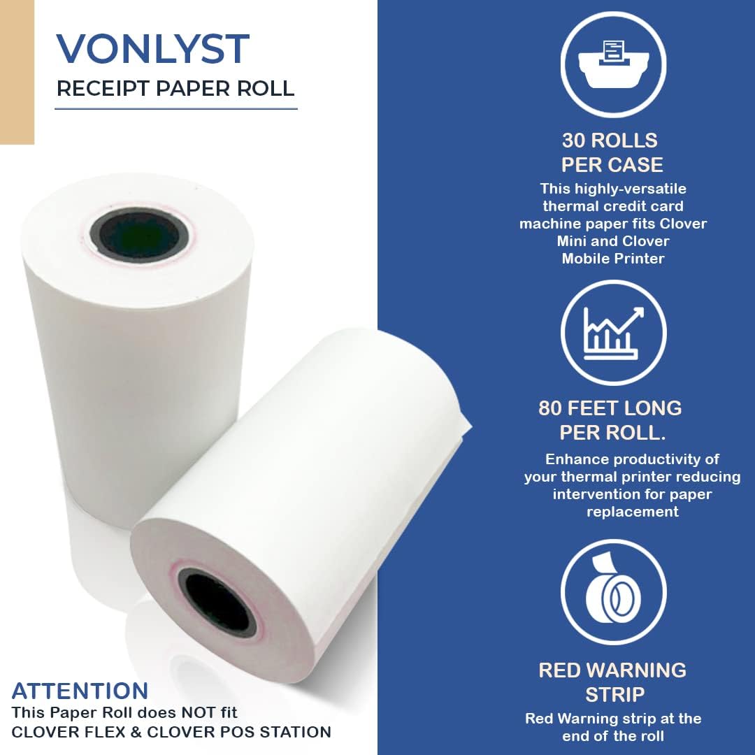 Receipt Paper for Clover Mini and Clover Mobile Thermal Printer 2 1/4 x 80 (30 rolls)