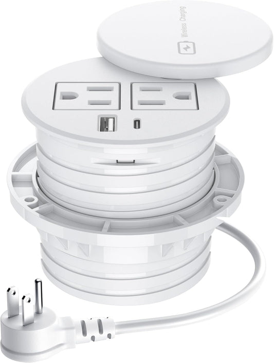 Recessed Power Grommet 3-inch Hole, 15W Wireless Charger, 20W USB C Fast Charging Station,2 AC Plug, Flush Mount Countertop Outlet, Workspace Essential Desk Hole Cover for Cables White