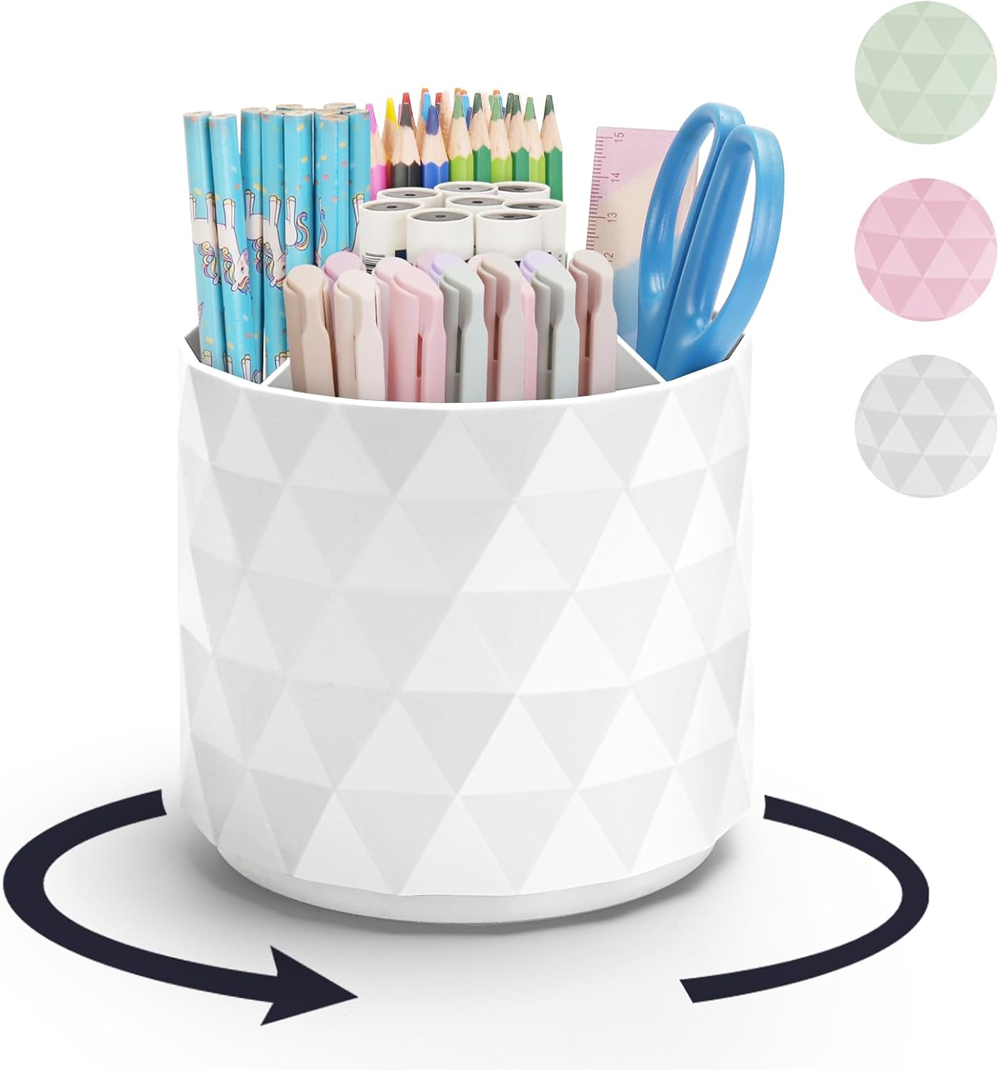 Desk Organizer,Sparkling Diamond-like Pen Holder for Desk 360°Rotating Office Accessories,Pencil Cup with 5 Compartments Storage Box Caddy for Office,School,Home,Art Supply(White)