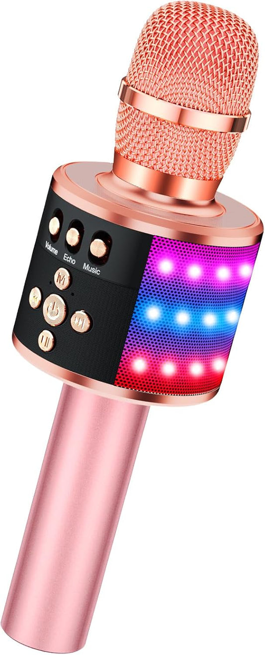 BONAOK Karaoke Microphone for Kids & Adults - Bluetooth Microphones Singing Mic with Disco Lights, Echo Effect, Built-in Speaker Portable Karaoke Player for Party Travel Gifts Q78(Rose Gold)