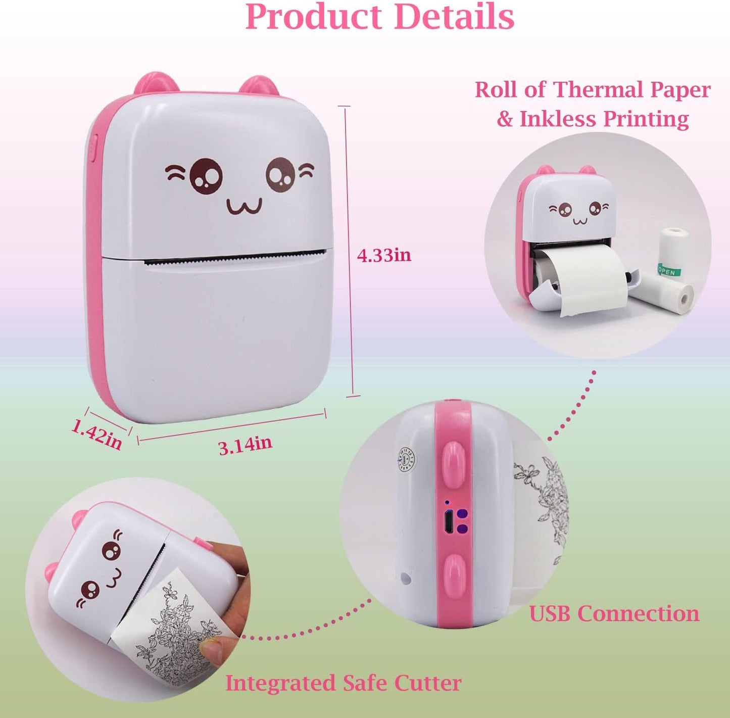 Mini Pocket Printer, Portable Thermal Printer with 8 Rolls Printing Paper, Bluetooth Wireless Tiny Printer for Photos/Stickers/Labels/Notes/Receipts, Compatible with iOS and Android, Pink