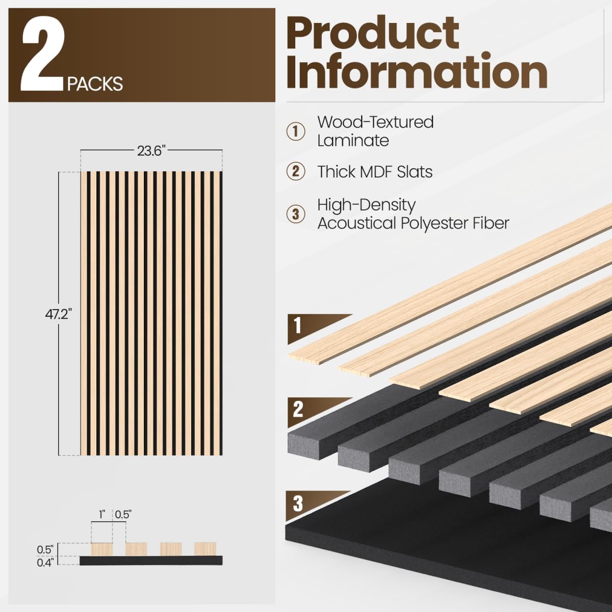 2 Pack Acoustic Wood Panels for Wall and Ceiling, 47.2" x 23.6" Wood Slat Wall Panel for Noise Reduction, Decorative Sound Proof Paneling for Office Studio Home Theater Kitchen Island, Oak