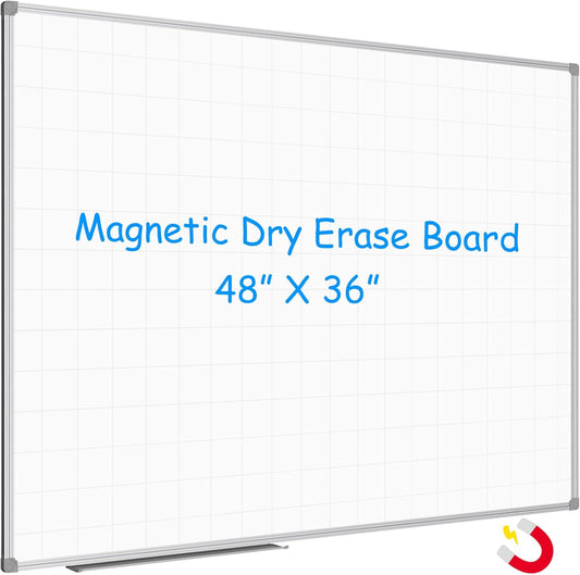 JILoffice Magnetic Dry Erase Planning Board, Grid Pattern White Board 48 x 36 Inch, Silver Aluminum Frame with Detachable Marker Tray for Office School and Home