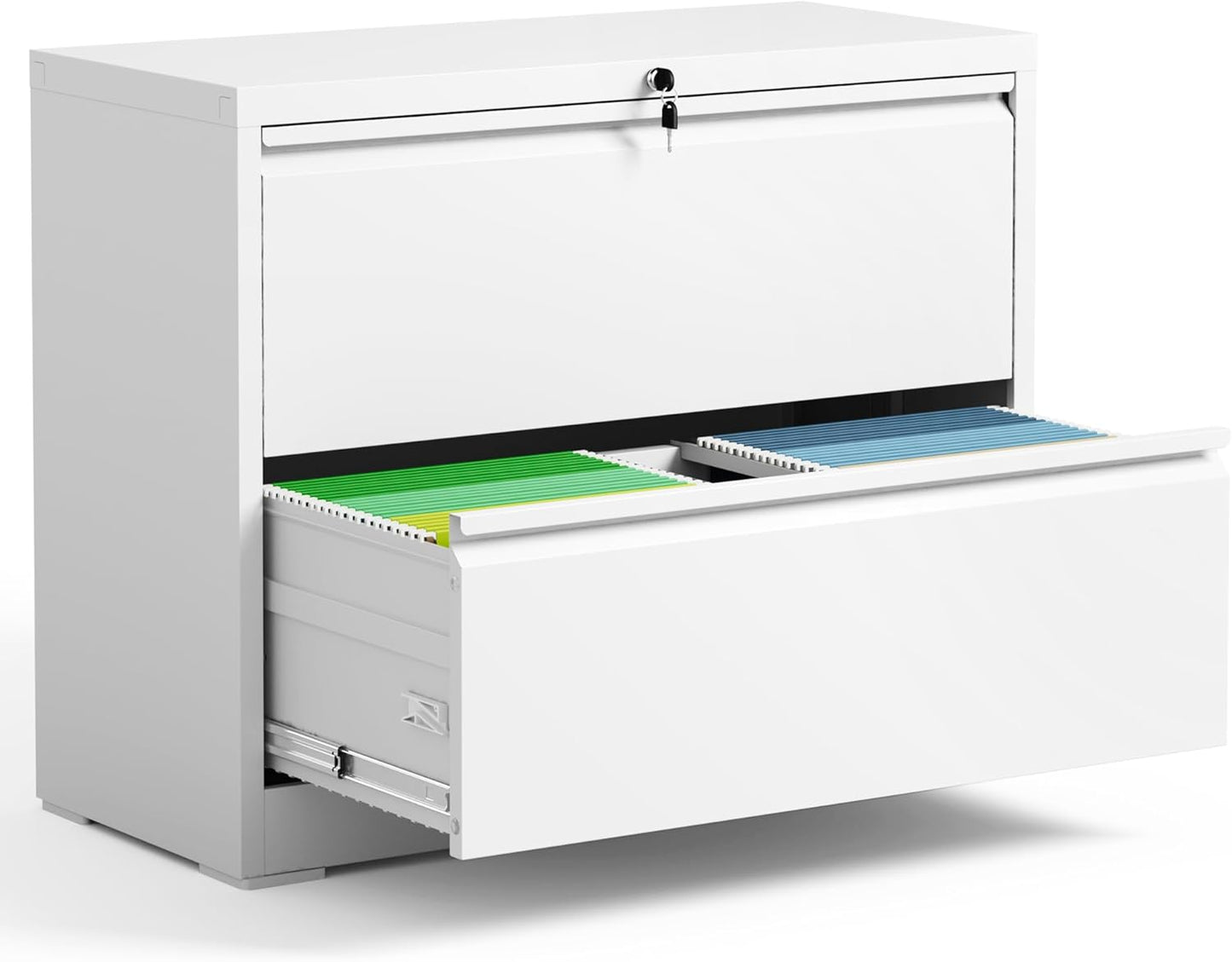 2 Drawer Lateral File Cabinet with Lock, Metal Filing Cabinets for Home Office, Steel Storage Wide File Cabinet for Letter/Legal/F4/A4 Size with Hanging Bars, Assembly Required (White)