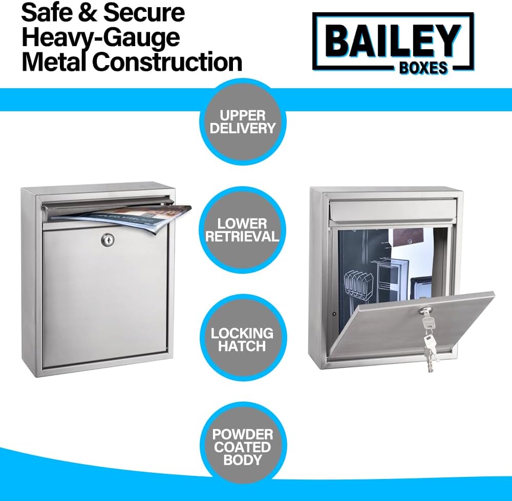 Modern Wall Mounted Locking Small Architectural Mailbox from Bailey Boxes - 12.25" H x 10.25" W x 3.5" D - The Murphy