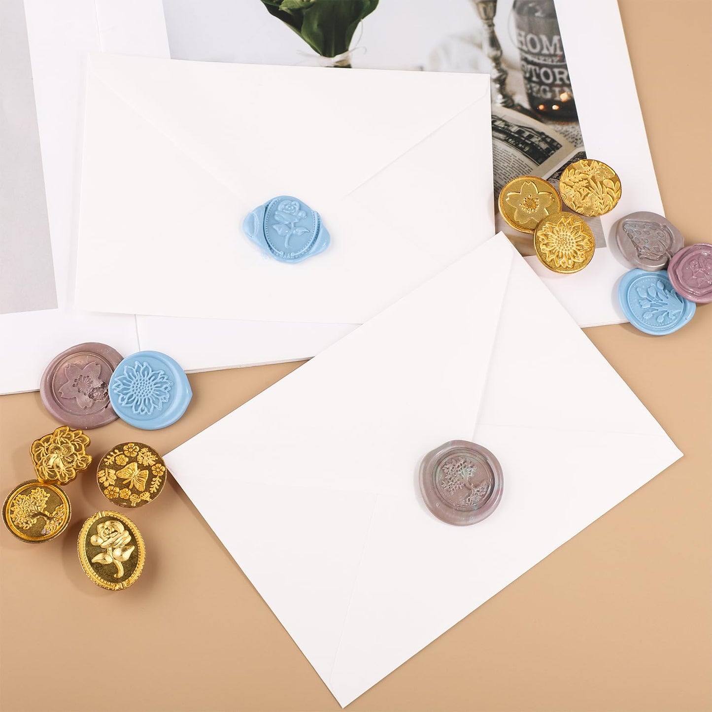 Wax Seal Stamp Set, 10pcs Sealing Wax Stamp Heads with a Wooden Handle Sealing Wax Stamp Kit with Various Patterns for Letter Encapsulation Greeting Cards Presents Decoration Items(Gold)