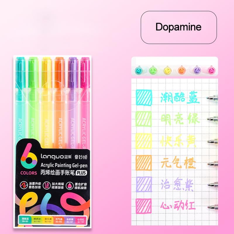 Acrylic Gel Pens for Coloring Books, Quick Dry 6 Pcs 1.0mm Fine Point Gel Marker Pen for Drawing, Journaling Art, School Supplies, Dopamine