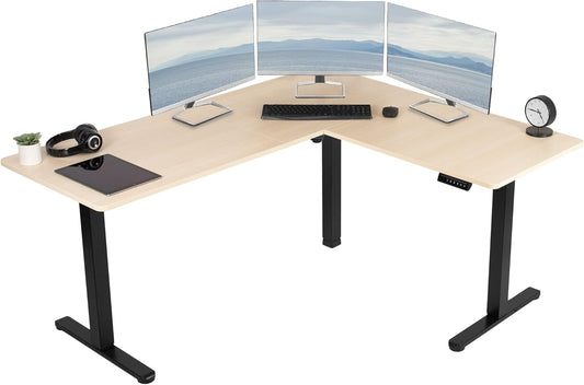 VIVO Electric Corner L-Shaped 63 x 55 in Standing Desk, Memory Height Adjustment, Light Wood Top Black Frame, DESK-E3CTBC