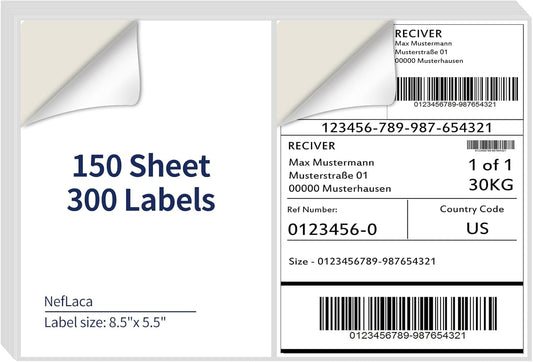 8.5 x 5.5 Half Sheet Shipping Labels for Laser and Inkjet Printers, 2 Per Page Self Adhesive Mailing Labels, White Blank Labels [150 Sheet 300 Labels]