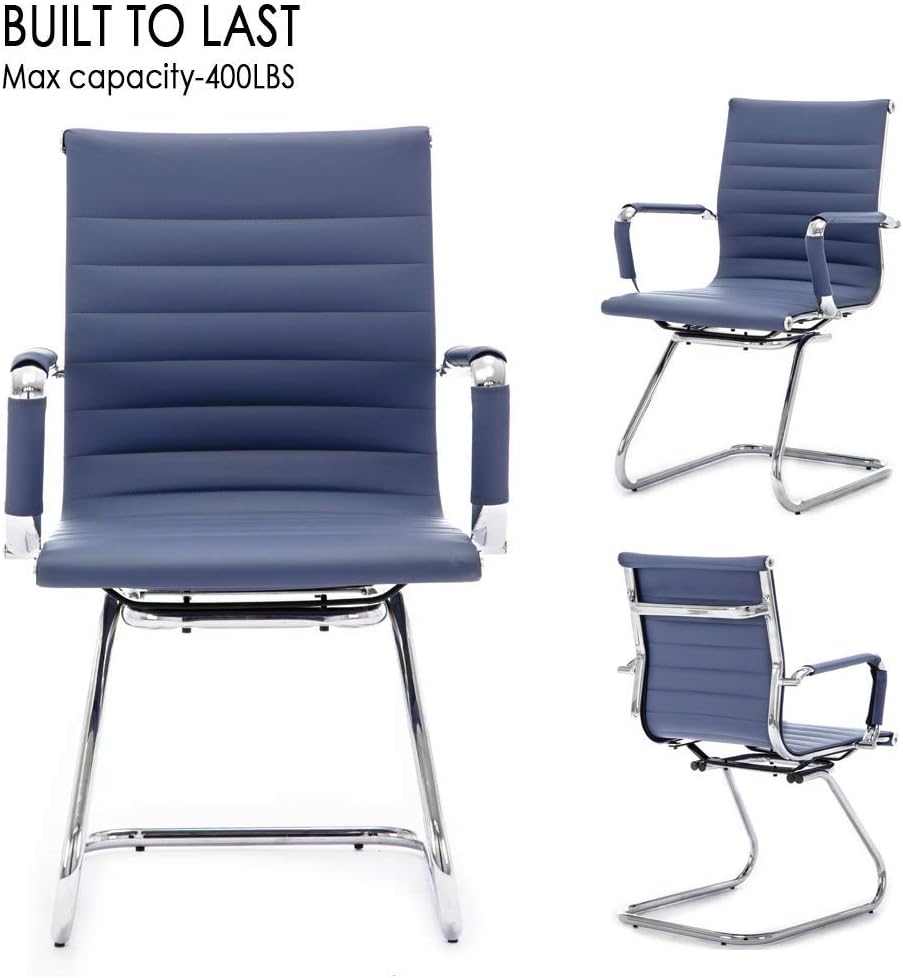 Office Desk Chair Set of 8,No Wheels PU Leather Computer Chairs Mid Back Guest Chairs with Seld Base for School/Reception/Conference/Waiting Room,Navy Blue