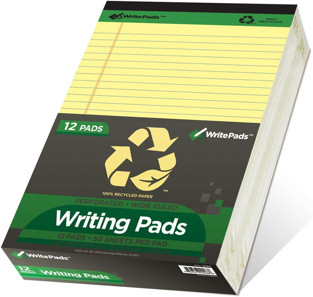 KAISA Yellow Legal Pads Writing Pads Recycled Paper, 8.5"x11.75" Wide Ruled Perforated 50 sheets Hard Back Notepads 8-1/2"x 11-3/4" Writing Tablet Canary For Office Supplies (Pack of 12pc) KSU-5668
