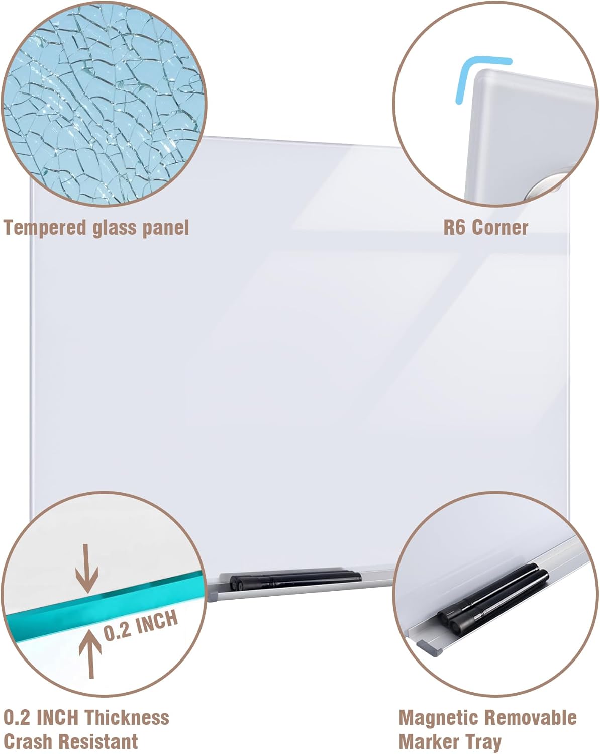 Magnetic Glass Whiteboard，48"x36" Wall Mounted Frameless Dry Erase Board for Office, Home & School Ultra White