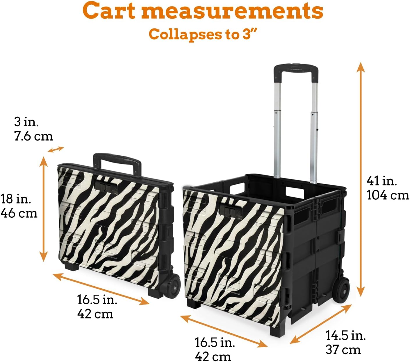 Inspired Living Ultra-Slim Rolling Collapsible Storage Pack-N-Roll Utility-carts, with Telescopic Handle, for Home, Garden, Shopping, Office, School use, Large, Zebra