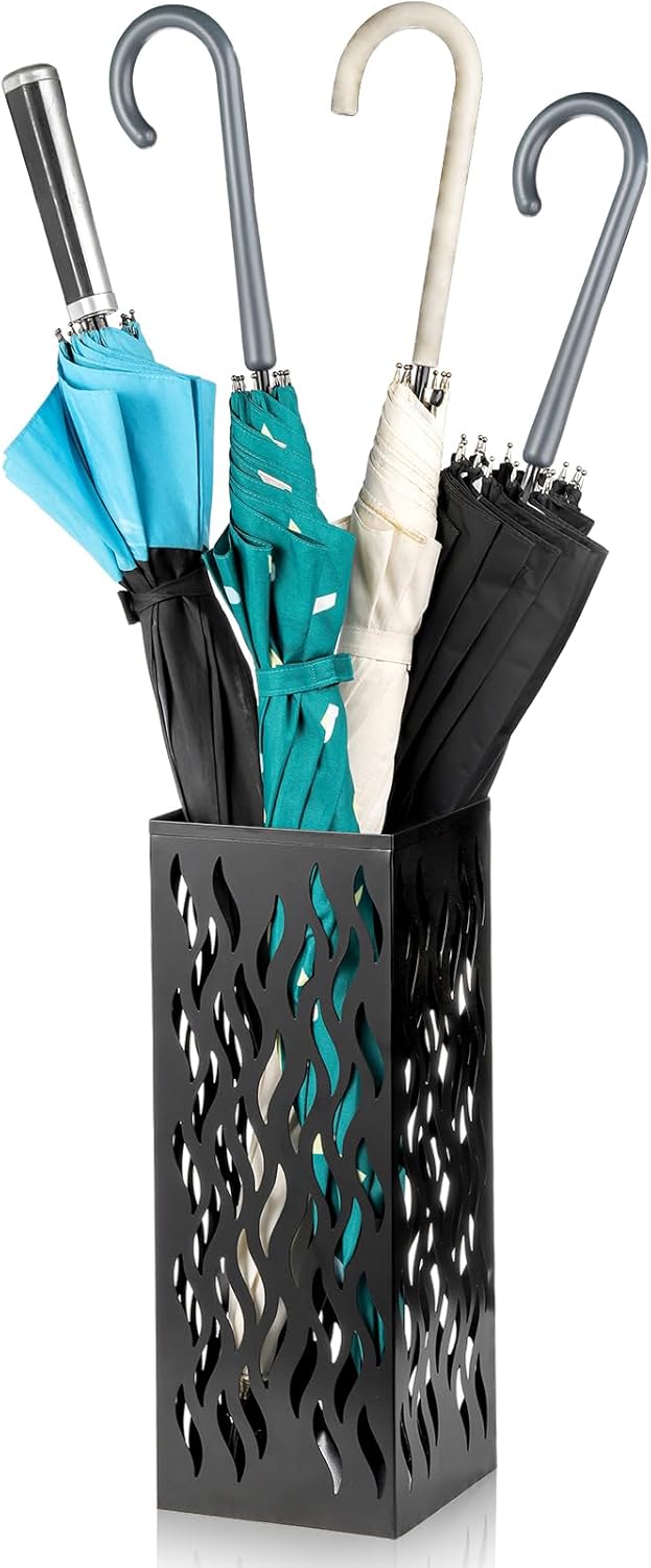 Metal Umbrella Holder, Heavy Square Canes Walking Sticks Stand Rack, Freestanding Rain Collection Umbrella Organizer, Black Umbrella Storage Bin for Entryway, Home, Office, 6.1"x6.1"x15.7"