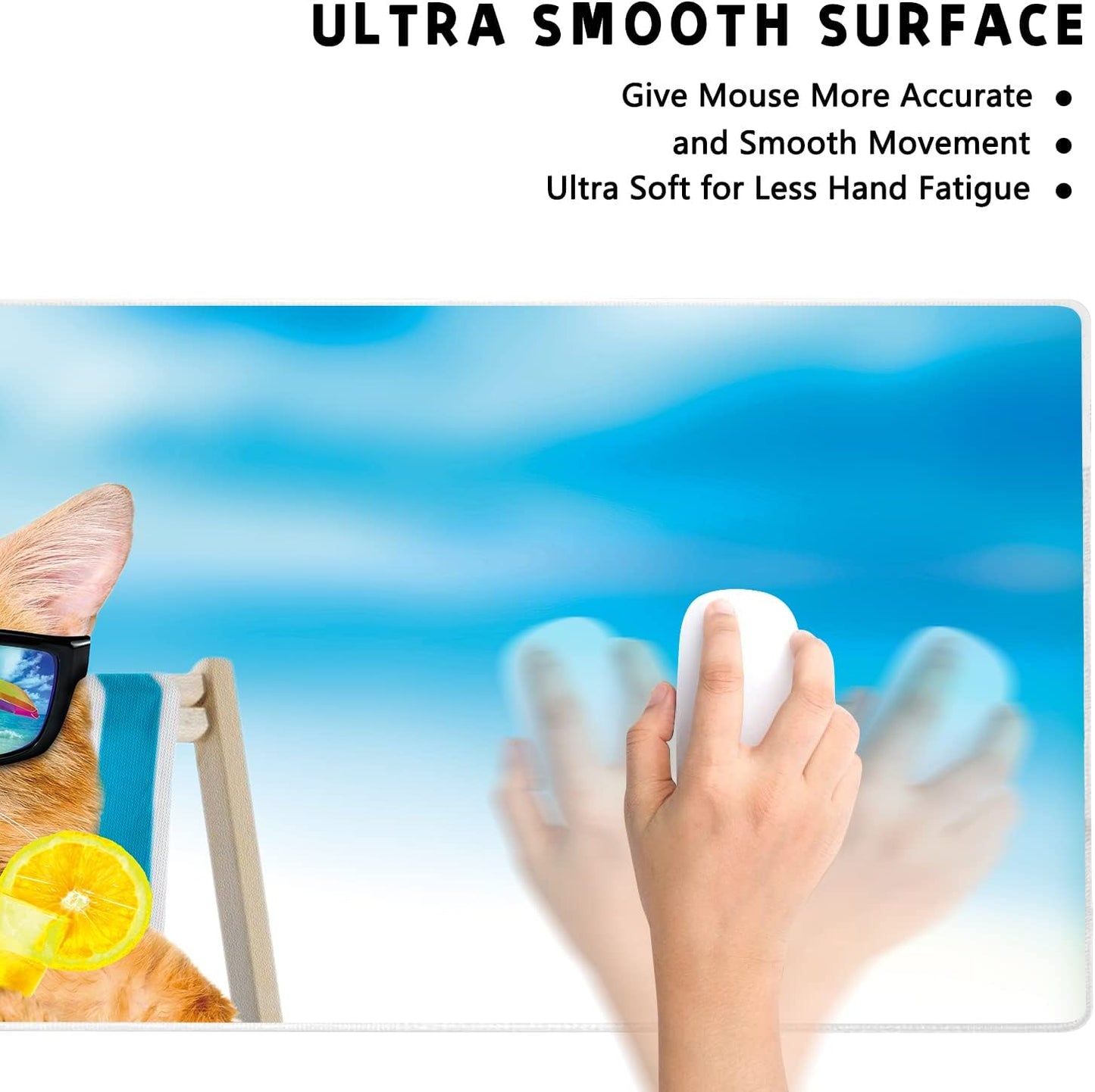 Extended Large Gaming Mouse Pad Cute Cat on Beach Chair XXL Size Keyboard Mouse Mat Desk Pad with Non Slip Rubber Base Stitched Edges Office Decor for Women Girls Men,35.4 x 15.7inch