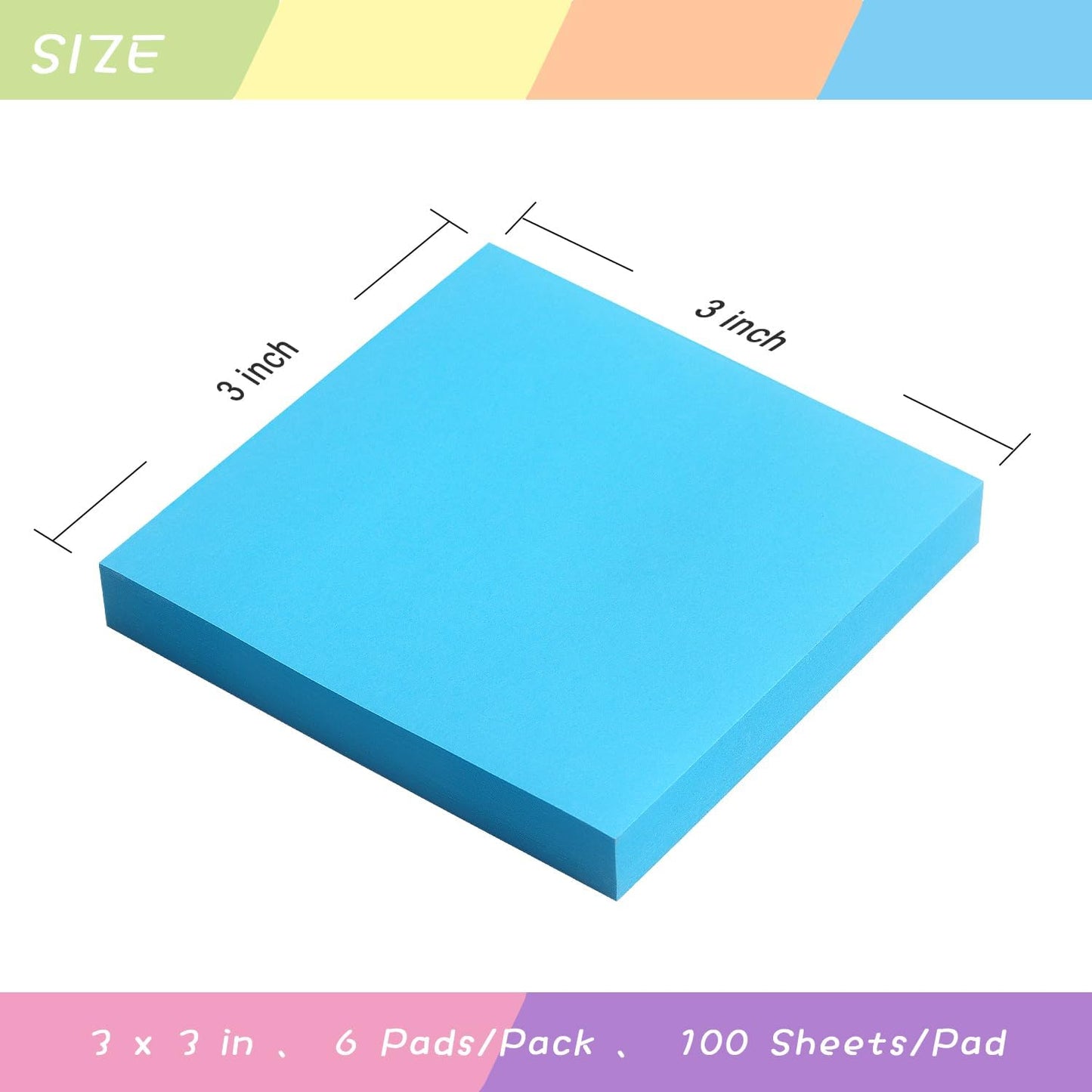 Sticky Notes 3x3 Self-Stick Notes Pads with 6 Bright Colors, Easy to Post for Office, School, Home, 6 Pads/Pack, 100 Sheets/Pad (Blue)