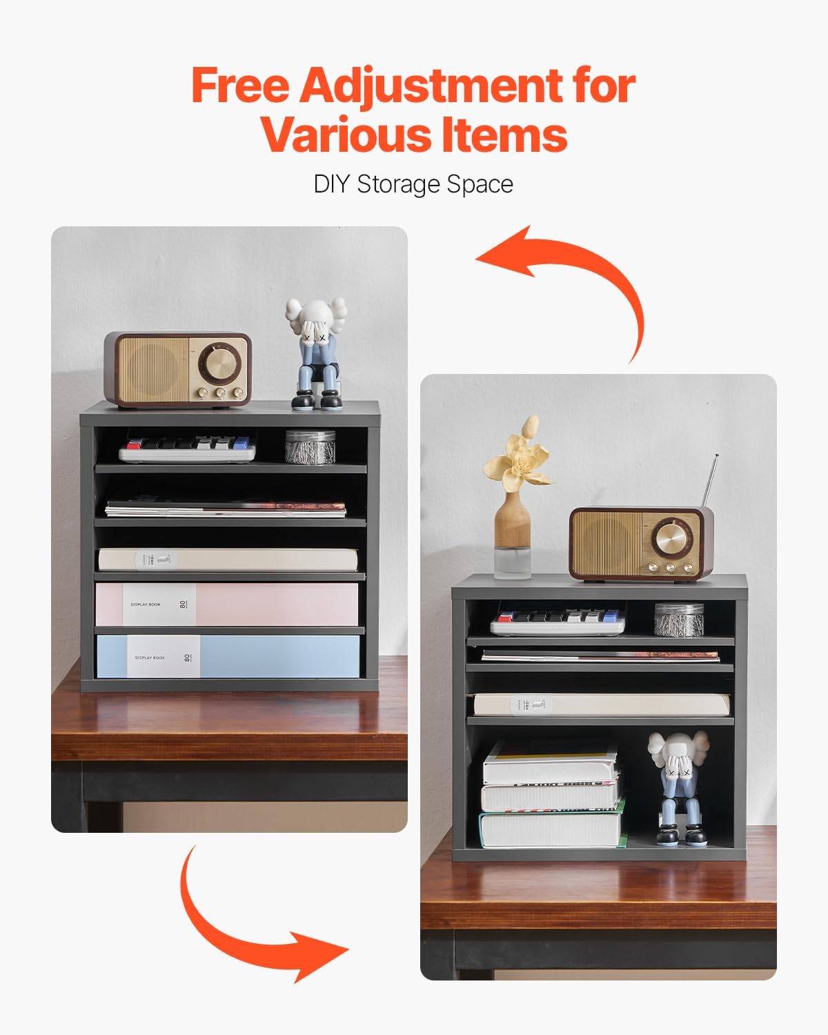 VEVOR Literature Organizer, 5 Compartments Office Mailbox with Adjustable Shelves, Wooden Mailbox Sorter Medium Density Fiberboard Office Home Classroom Storage for Files, Documents, Papers, Grey