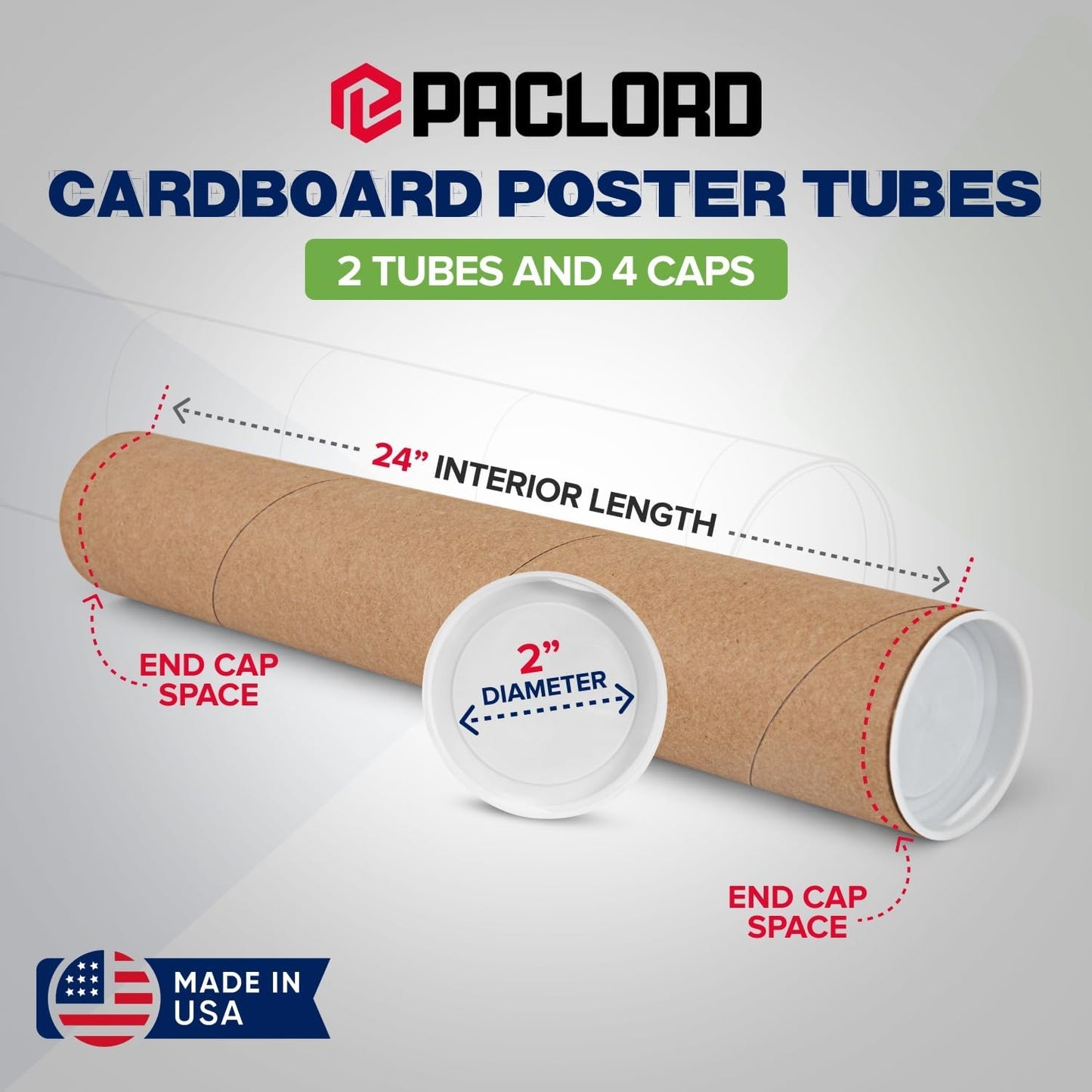 2" x 24" Reinforced Kraft Paper Mailing Tubes, Pack of 2 Tubes with 2 Caps Each – USPS Approved Poster Tube – Made in USA Cardboard Tube for Shipping and Storing Posters, Prints, Artwork, or Documents