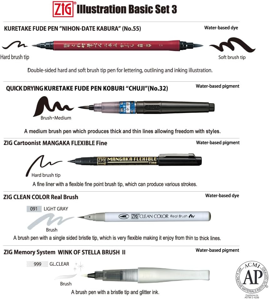 Kuretake Zig Inktober pen set, for Illustration, Manga Drawing, Lettering and Calligraphy, Professional Artist, Made in Japan (Basic No.3(5pcs.))
