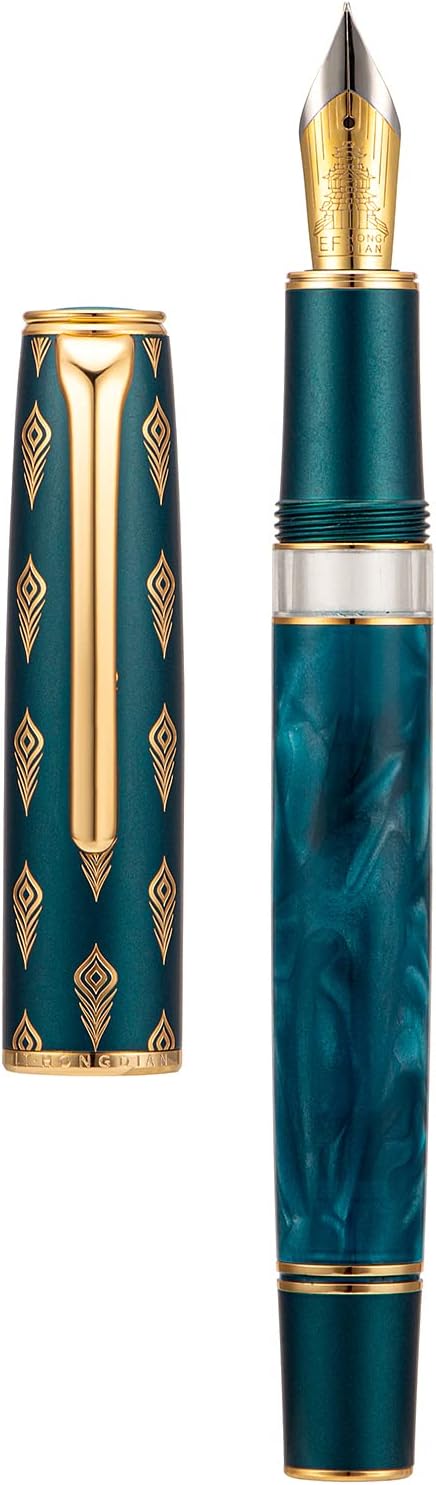 Hongdian N7 Blue Peacock Resin Piston Fountain Pen, Iridium Extra Fine Nib Classic Pen, Smooth Writing Pen with Metal Box
