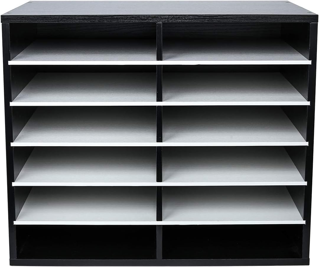 EasyPAG Mail Organizer Countertop, Wood Literature Organizer, Student Classroom Mailbox for School, Desktop Paper Sorter for Office Home, 12 Compartments, Black/White