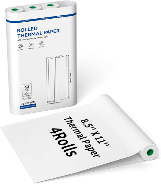 Thermal Printer Paper 8.5''x11'' US Letter Size, 4 rolls, 100 sheets, Thermal Paper Quick-Dry, Advanced Clear Printing, Compatible with Gloryang & JADENS PD-A4 Thermal Printer