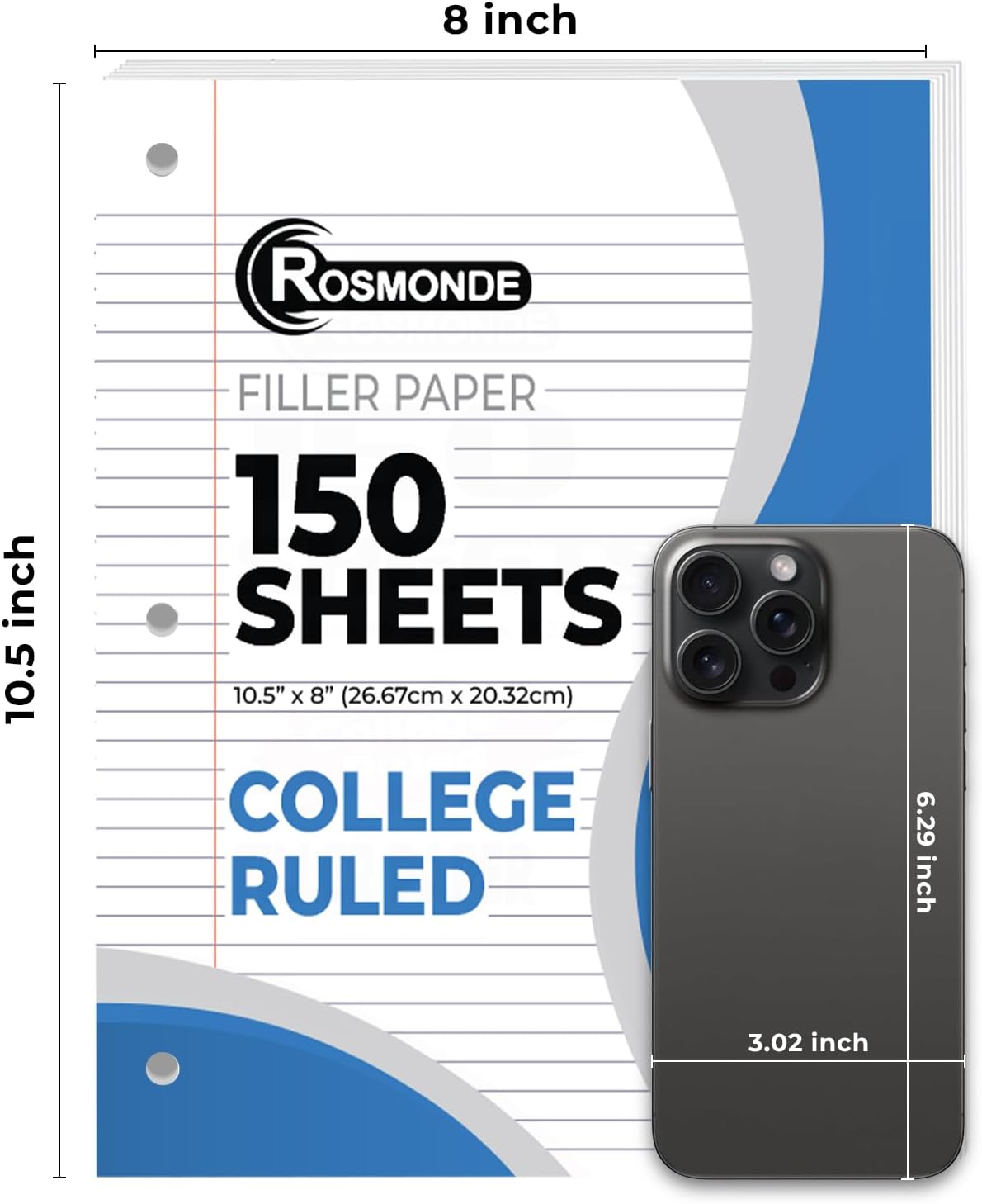 Loose Leaf Paper, 450 Sheets, 3 Pack, College Ruled Paper, 8" x 10.5", Bulk Office Filler Paper, 3 Hole Punched, 150 Sheets/Pack, 56 gsm Paper, College Ruled Notebook Paper for Binder, White
