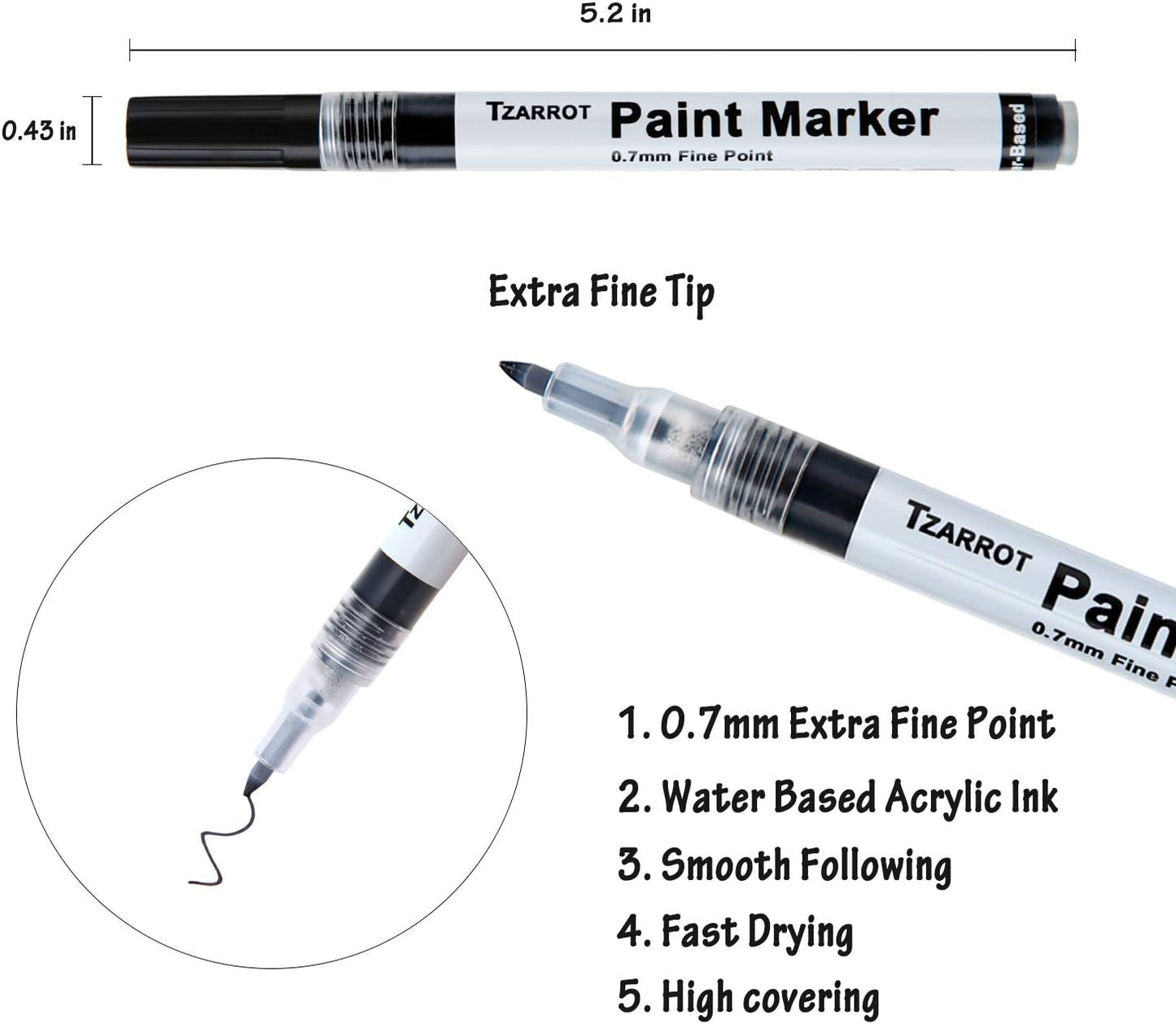 TZARROT White Paint Pen, 8 Pack 0.7mm Acrylic Paint Pens with 2 White 2 Black 2 Gold 2 Silver Permanent Marker for Wood Rock Fabric Metal Plastic Ceramic Acrylic Markers Extra Fine Tip