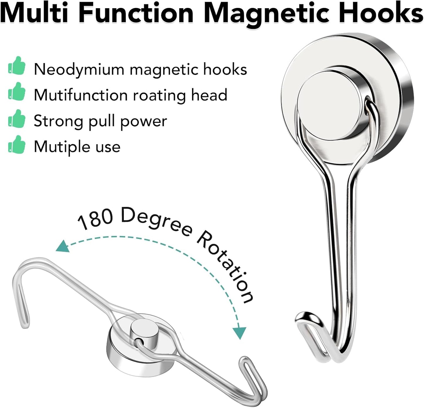 MIKEDE Magnetic Hooks, 40LB Strong Neodymium Magnet Hooks Heavy Duty, Magnetic Swivel Hooks for Hanging, Rust Proof Strong Magnets with Hook Magnetic Metal Hanger for Fridge, Toolbox - 4 Pack