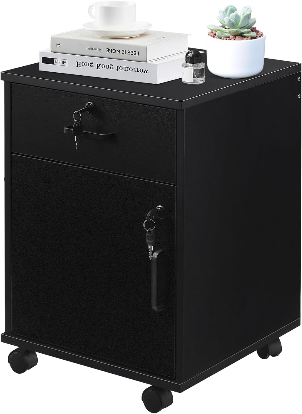 TUKAILAi Mobile File Cabinet with Lockable Drawer & Door, Under Desk Rolling Filing Cabinet with 4 Wheels, Wooden Stationery Storage Cabinet for Home Office (Black)