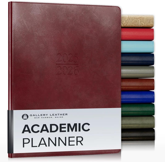 Gallery Leather Academic Planner 2025-2026, Teacher and Student Weekly Monthly Planner, Elegantly Bound Calendar with Gold-Gilded Page Edges, 18 Months - Acadia Deep Red - 9x7"