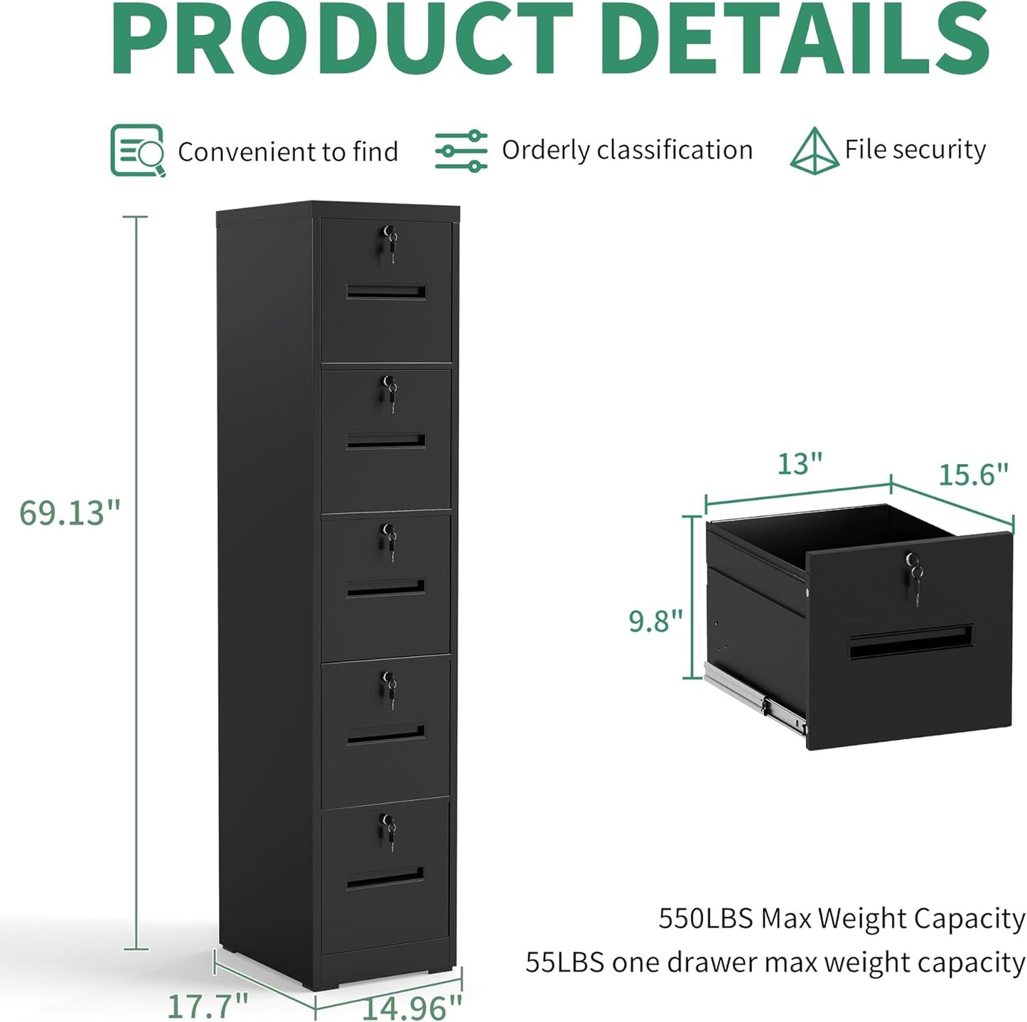 File Cabinet 5 Drawer with Lock, Vertical Filing Cabinets for Home Office, Metal Steel Storage Cabinet for Letter/Legal Size File, Assembly Required(Black)
