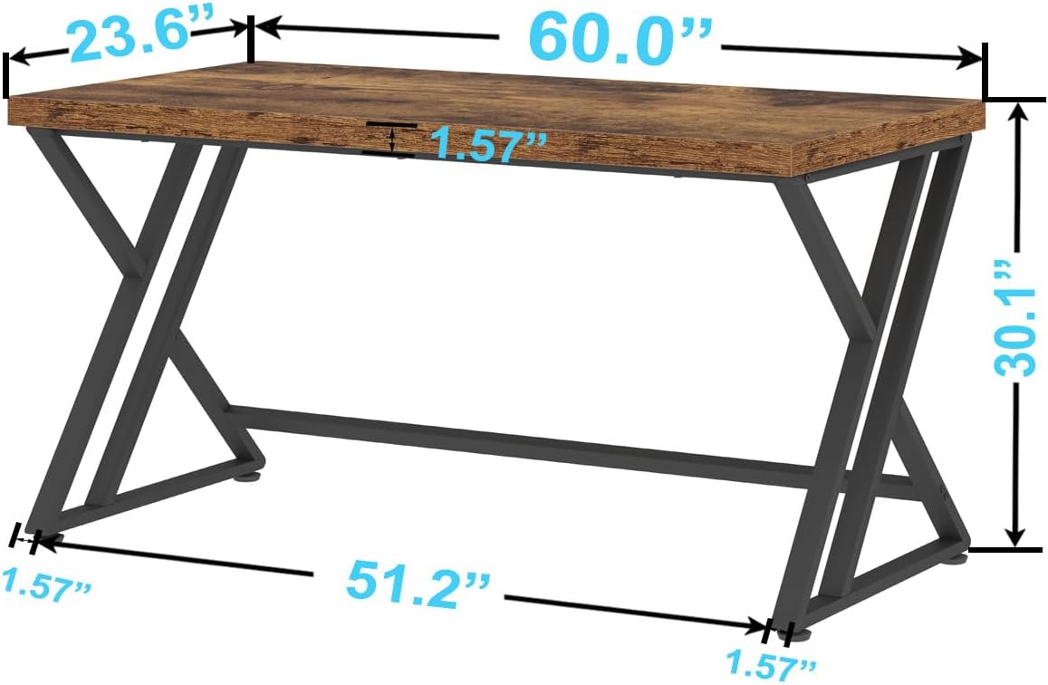 LVB Rustic Wood Computer Desk, Metal Home Executive Office Desk, Industrial Large Gaming Writing Desk, Wooden Student Study Computer Table for Bedroom Living Room, Rustic Brown, 60 Inch
