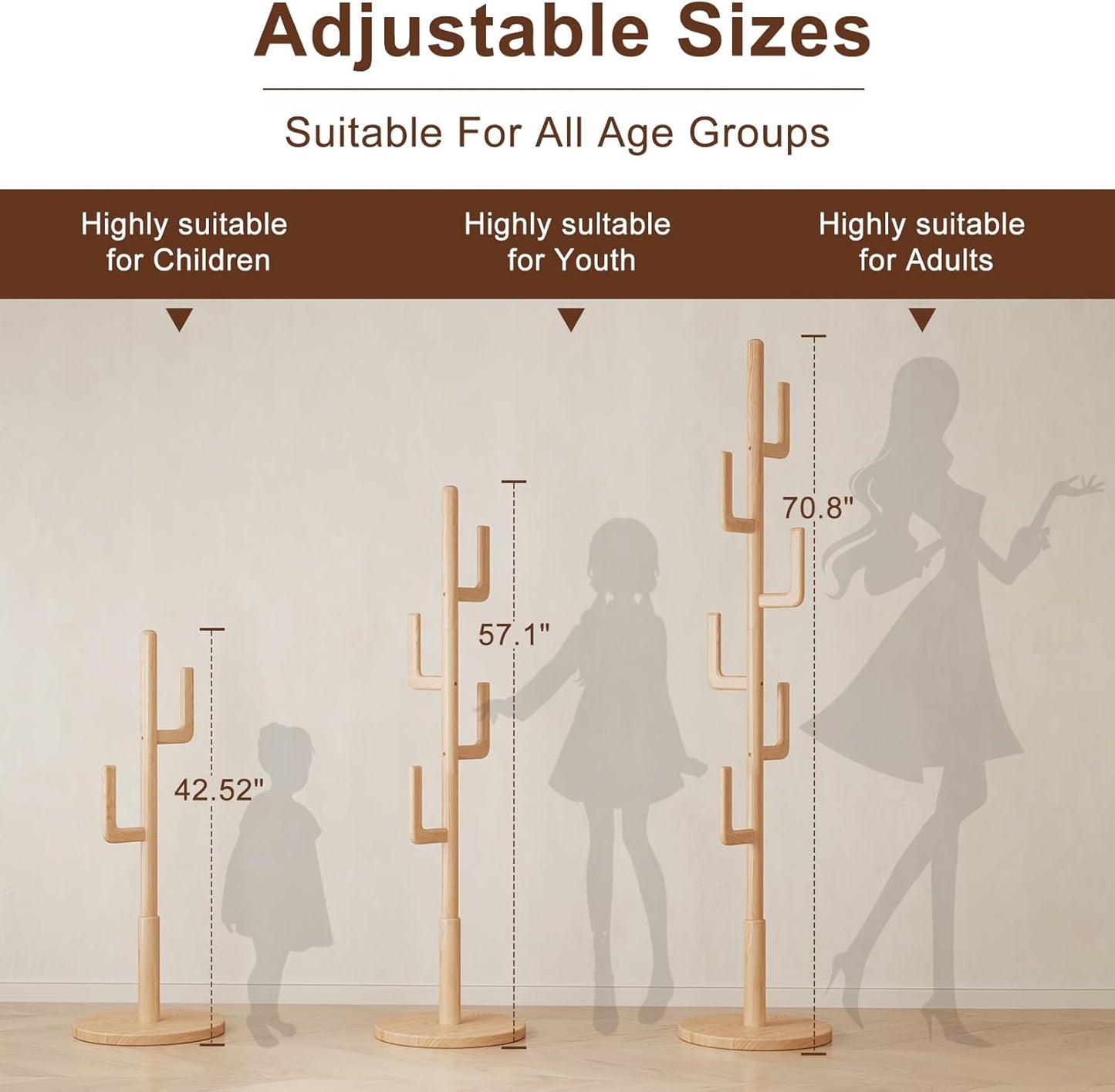 Solid Wood Cactus Coat Rack, Freestanding Coat Rack With 6 L-Shaped Hooks and 3 Adjustable Sizes, Coat Tree for Bedroom, Entryway, Livingroom, Coat Hanger Stand for Coats, Handbags (Natural)
