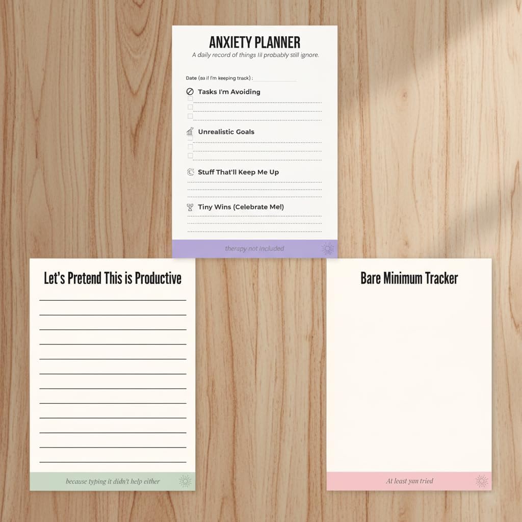 Funny Notepad Gift Set – 3 Pack of Anxiety Planner, Productivity Pad & Bare Minimum Tracker – Sarcastic Gag Gift for Coworkers, Office Supplies, Burnout Humor, 50 Sheets Each